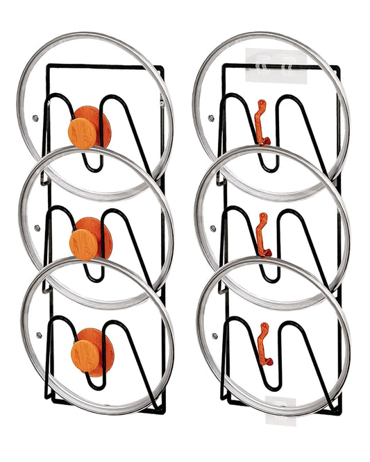 2 Pack Pot Lid Organizer Rack, 6-Tier V-Wall Pot Lid Holder, No Drilling Adhesive Cabinet Door/Wall Mounted Pot Cover Rack, Kitchen Shelf for Pots and Pans (Black)