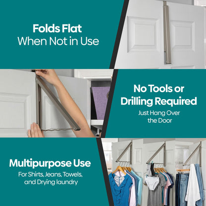 Over The Door Hanger - Closet Hanger Retractable Collapsible Folding Hanging Rack Organizer for Clothes & Towels Ideal for Bathrooms, Dorm Rooms Etc. - Satin Nickel (Includes one Hook)