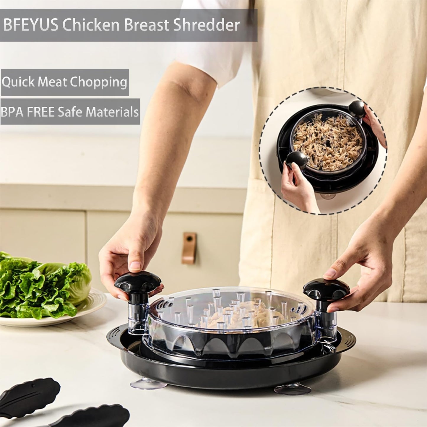 Chicken Shredder 12'' Large Chicken Breast Tool Twist Equipped with 4 Anti Slip Suction Cups and Brush&Food Tongs Visible Meat Masher Machine,Ergonomic Handle,Suitable for Meat & Vegetables (Black)