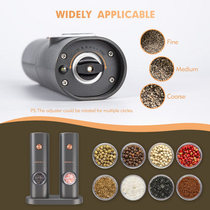 SIMPLETASTE Electric Salt and Pepper Grinder Set, One-Handed, Battery Powered, Adjustable Coarseness, LED Light, Pepper Mills with Stand, Seasoning Tools for Kitchen, Dining