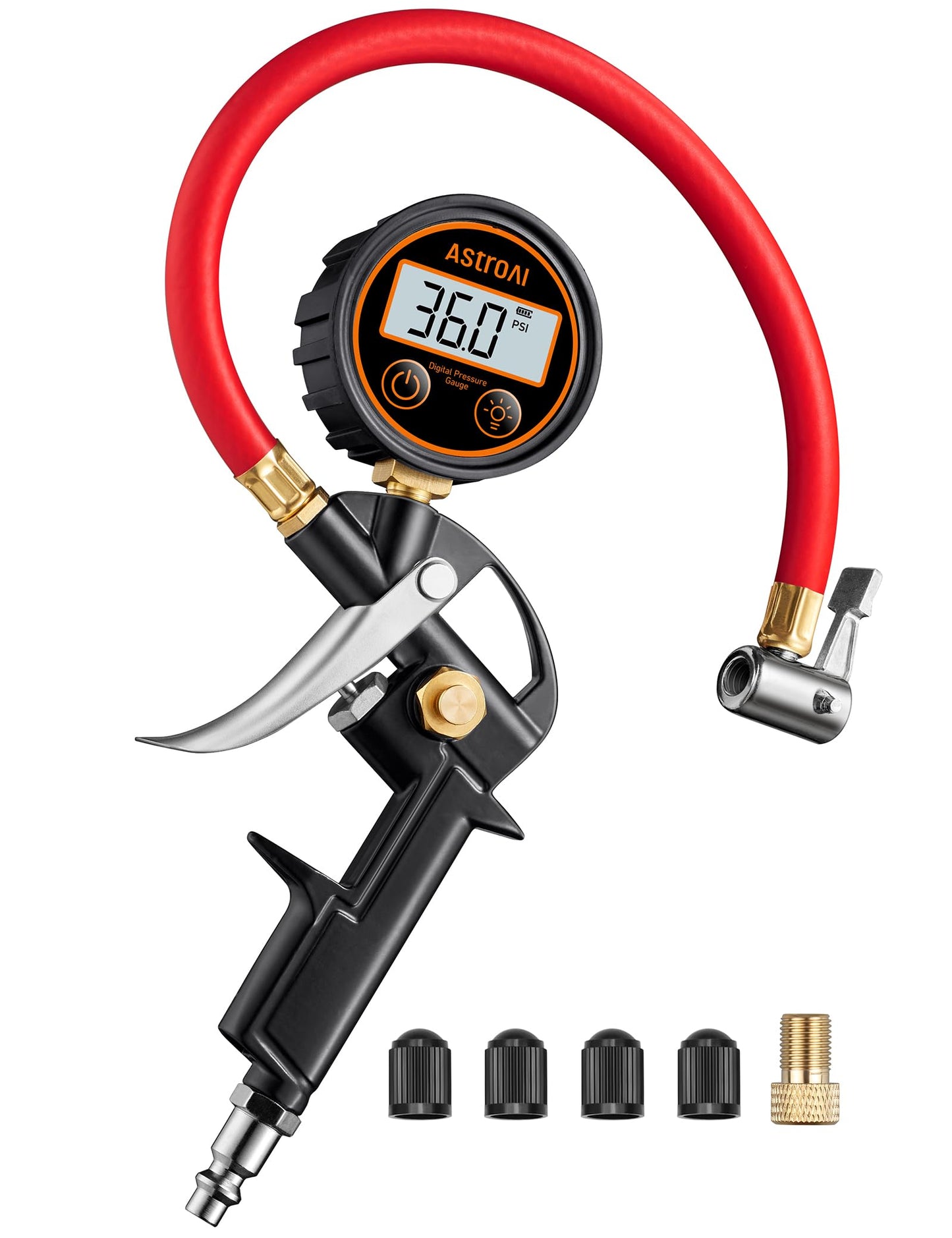 AstroAI T1 Digital Tire Inflator with Pressure Gauge 3-250 PSI, Industrial Tire Pressure Gauge Calibrated to ANSI B40.7 Grade 2A, Heavy Duty Air Compressor Accessory with Air Chuck for Car, Truck, Red