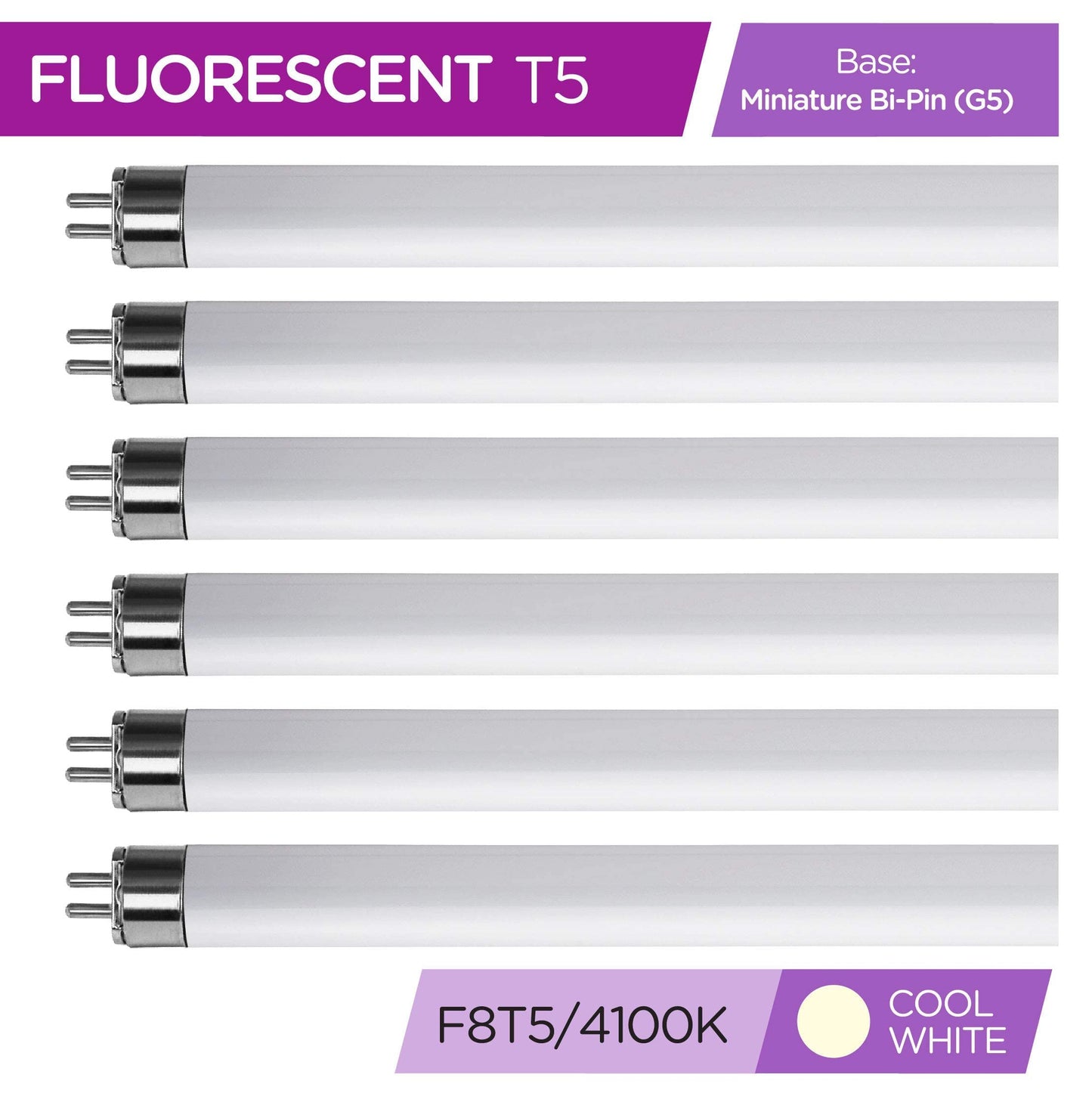 (Pack Of 6) F8T5/CW - T5 Fluorescent 4100K Cool White - 8 Watt - 12" Super Long Life Light Bulbs