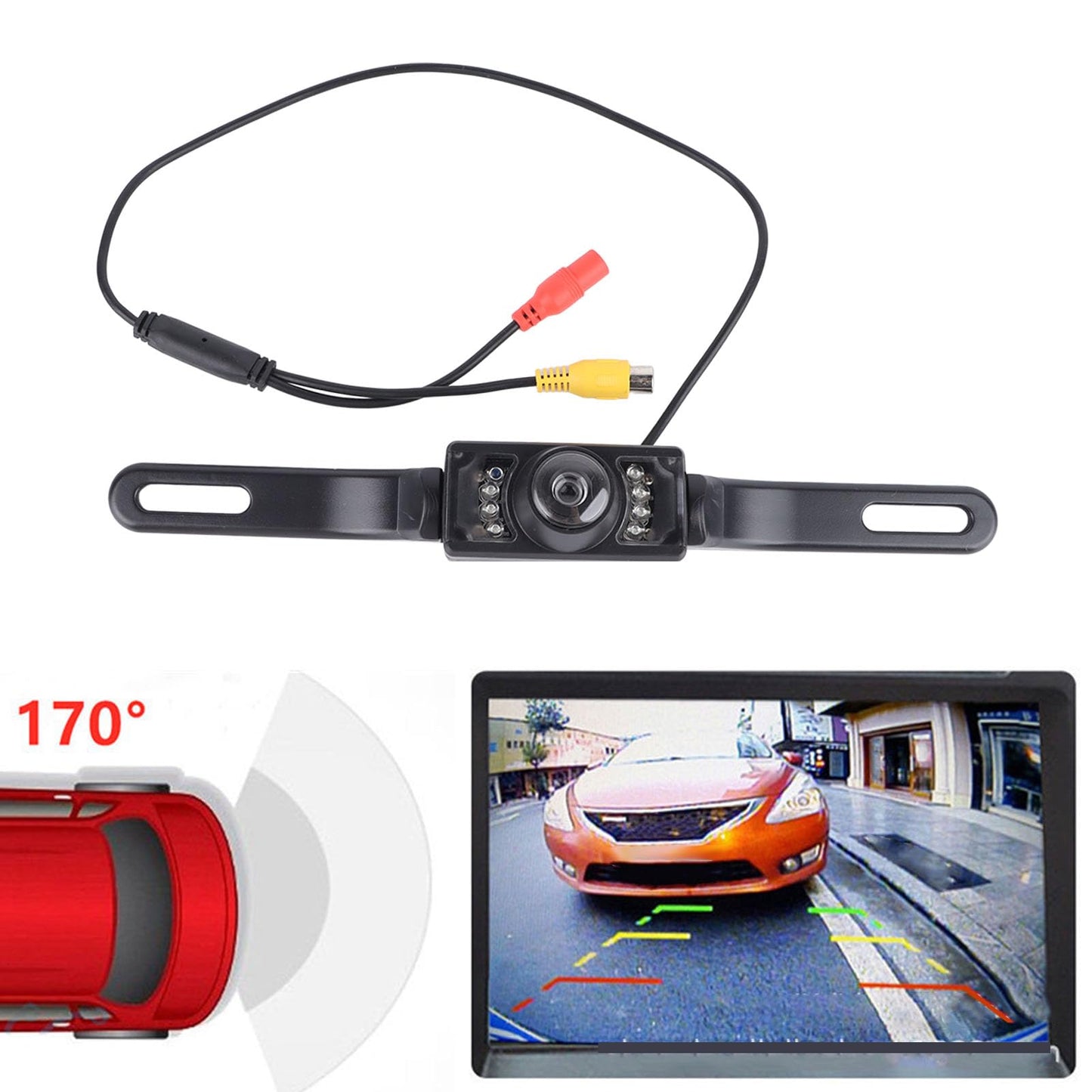 Car Backup Camera, Long License Plate Frame Camera, HD Night Vision 8 Lights Reverse Infrared Waterproof Vehicle Mounted Rearview Camera for Universal Cars