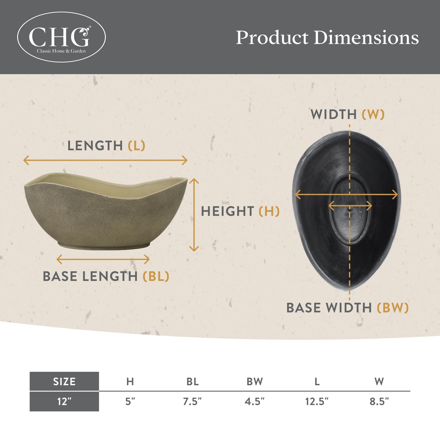 Classic Home and Garden Arc Unique Planter Bowl w/Drain Plug - UV Resistant Shallow Planter - Modern Plant Pot for Herbs (12” Concrete)