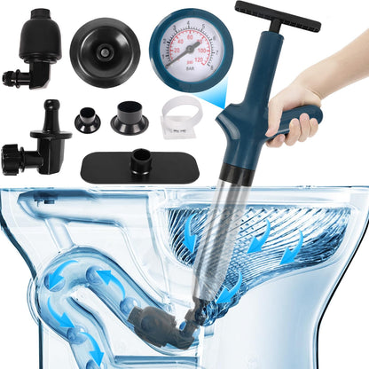 Air Toilet Plunger, Drain Clog Remover, High-Pressure Air Drain Blaster with Real-Time Barometer Powerful Drain Sink Plunger Plumbing Tools, Plungers for Bathroom Sink Floor Kitchen Clogged (Blue)1