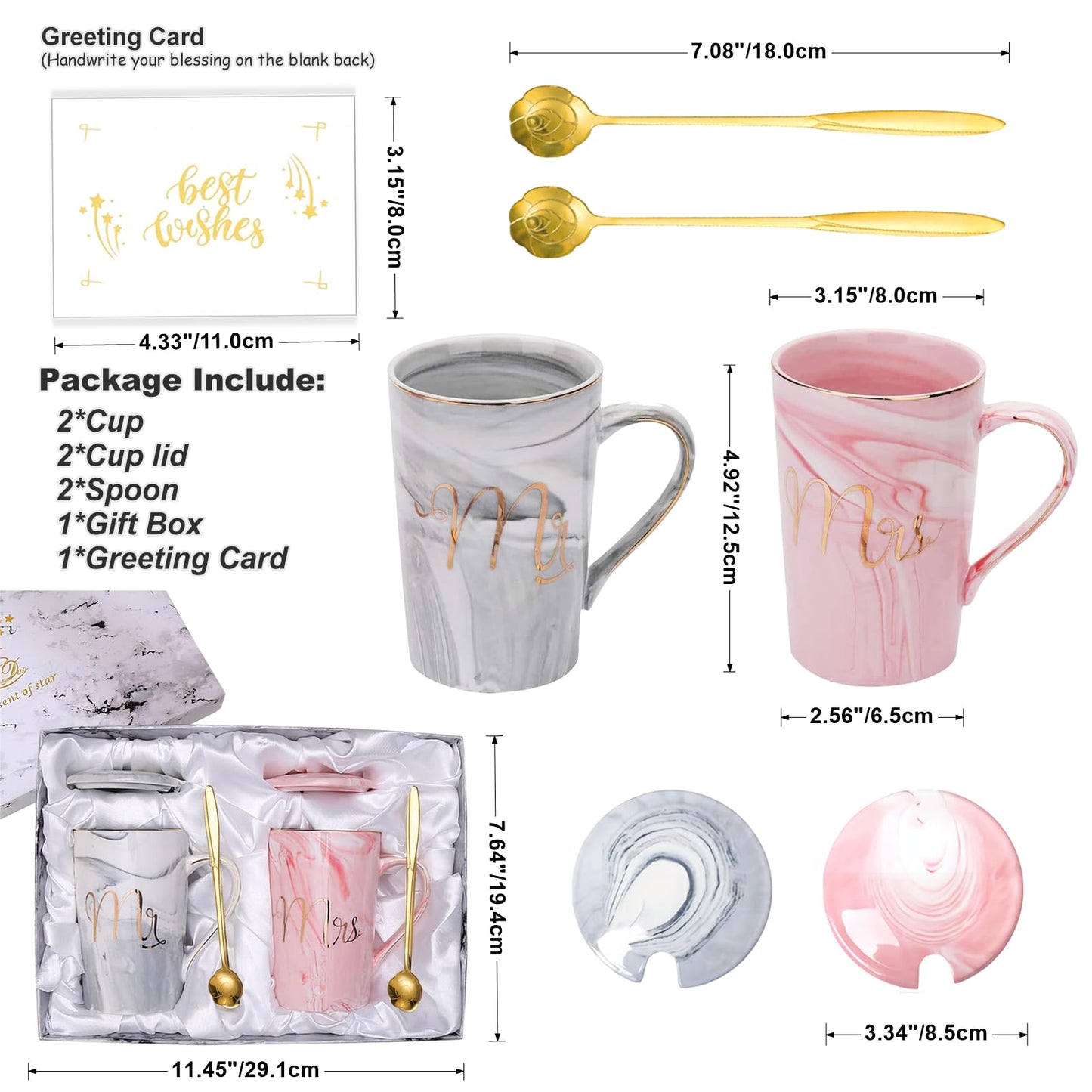 YOETTE Mr and Mrs Coffee Mugs Set 14oz Wedding Gifts for Couples 2026 Bridal Shower Anniversary Engagement Valentines Present for Newlyweds Bride Groom Grey & Pink Cup