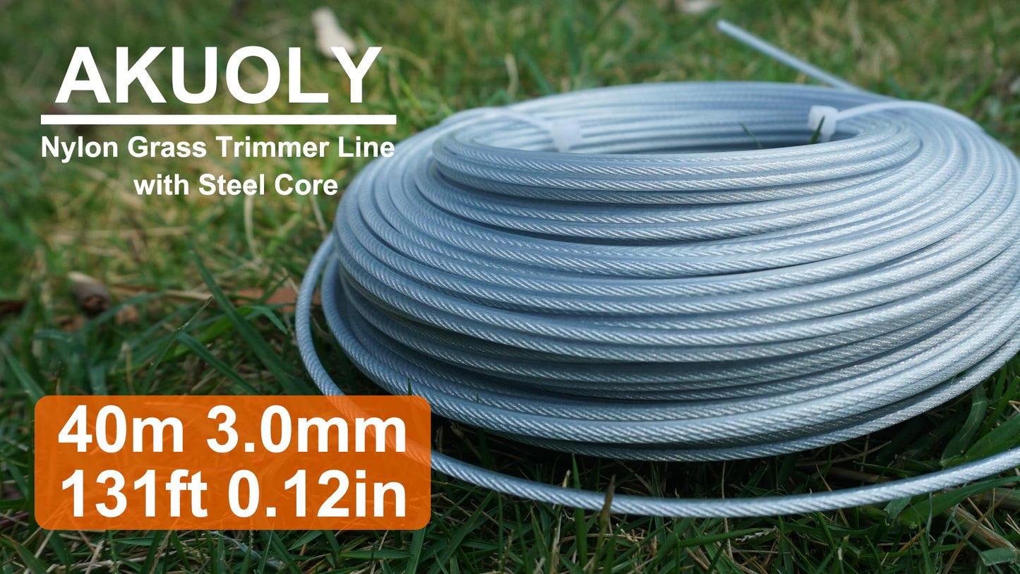 Akuoly Grass Strimmer Line Nylon Steel String Trimmer Spool 3.0mm 40m Round String Trimmer Spool Replacement fil de Coupe Bordure Acier for Gardens and Lawns