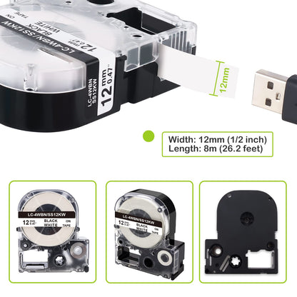 Absonic 5-Pack Compatible Label Tape Replacement for LK-4WBN LC-4WBN LC 4WBN9 SS12KW 12mm 0.47" Black on White Label Tape Work for Epson LabelWorks LW300 LW400 LW500 LW700 LWPX300 Label Maker