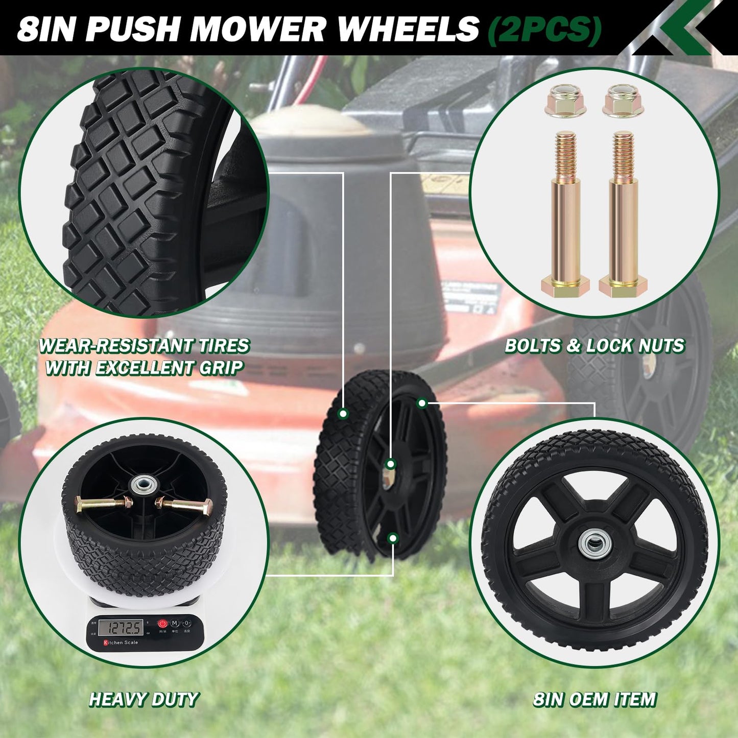 CheeMuii 8 Inch Lawn Mower Wheels 2 Pack 8" Push Lawn Mower Wheels with Bolts and Lock Nuts Kit Fit for Most Standard push Lawn Mowers/Generator/Garden Tiller/Handtruck