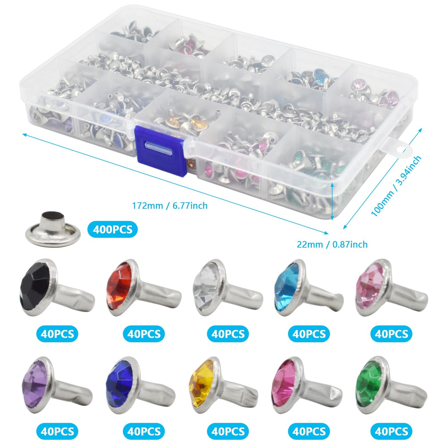 BDS-HOME 400sets 7mm Rhinestone Rivets 10 Colors Cz Crystal Rivets with Tubular Metal Studs 3 Tools for Clothing, Performance, Arts and Leather Craft DIY Making
