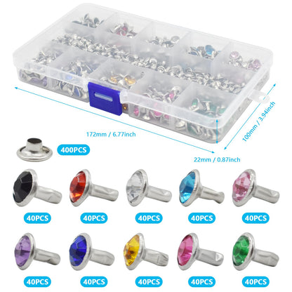 BDS-HOME 400sets 7mm Rhinestone Rivets 10 Colors Cz Crystal Rivets with Tubular Metal Studs 3 Tools for Clothing, Performance, Arts and Leather Craft DIY Making