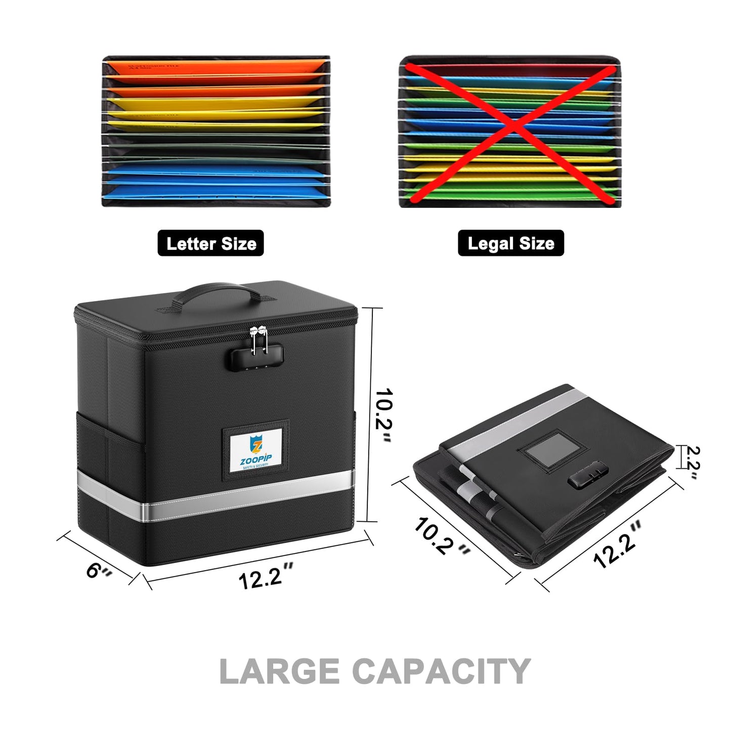 ZOOPIP Fireproof File Box with Lock, Document Box Storage Organizer, Suitable for Hanging File Folders in Letter Size, Collapsible File Box, Reflective Strip for Fast Find (Small, Black)