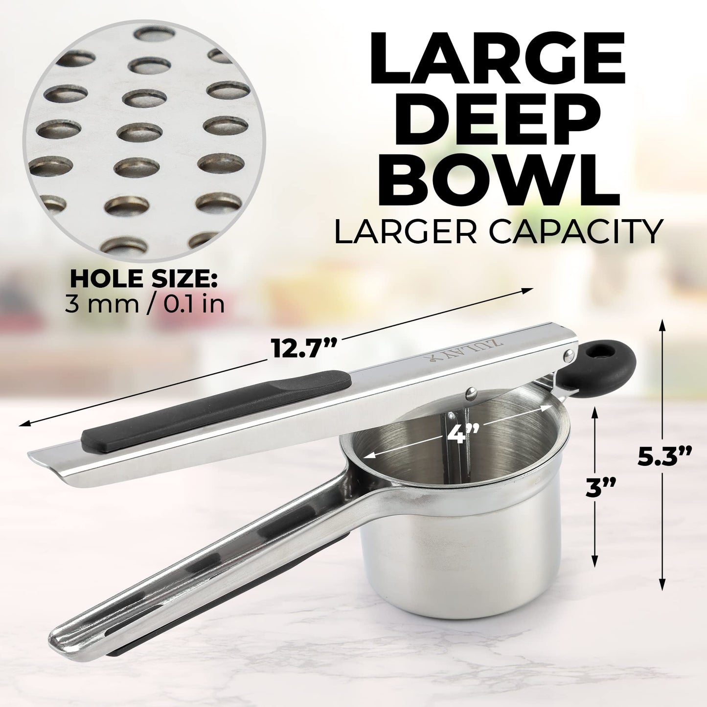 Zulay Kitchen Large 15oz Potato Ricer, Heavy Duty Stainless Steel Potato Masher and Ricer for Mashed Potatoes, Mashed Potato Masher & Potato Press Kitchen Gadget for Perfect Mashed Potatoes