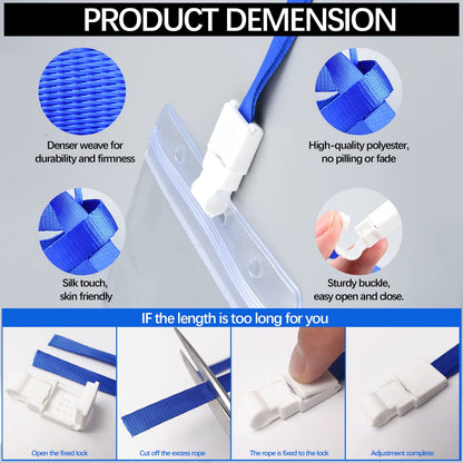 FZENeast Badge Holder with Lanyard，50 PCS Clear Waterproof Horizontal id Holder with 50 PCS Flat Neck Blue Badge Lanyards for Business Office School