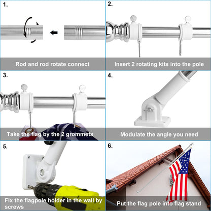 Remiawy 6FT Flag Pole Kit, Heavy Duty Stainless Steel Flagpole with Holder, Outdoor Flag Pole for Truck Porch Garden Yard with 4 Flag Pole Rings
