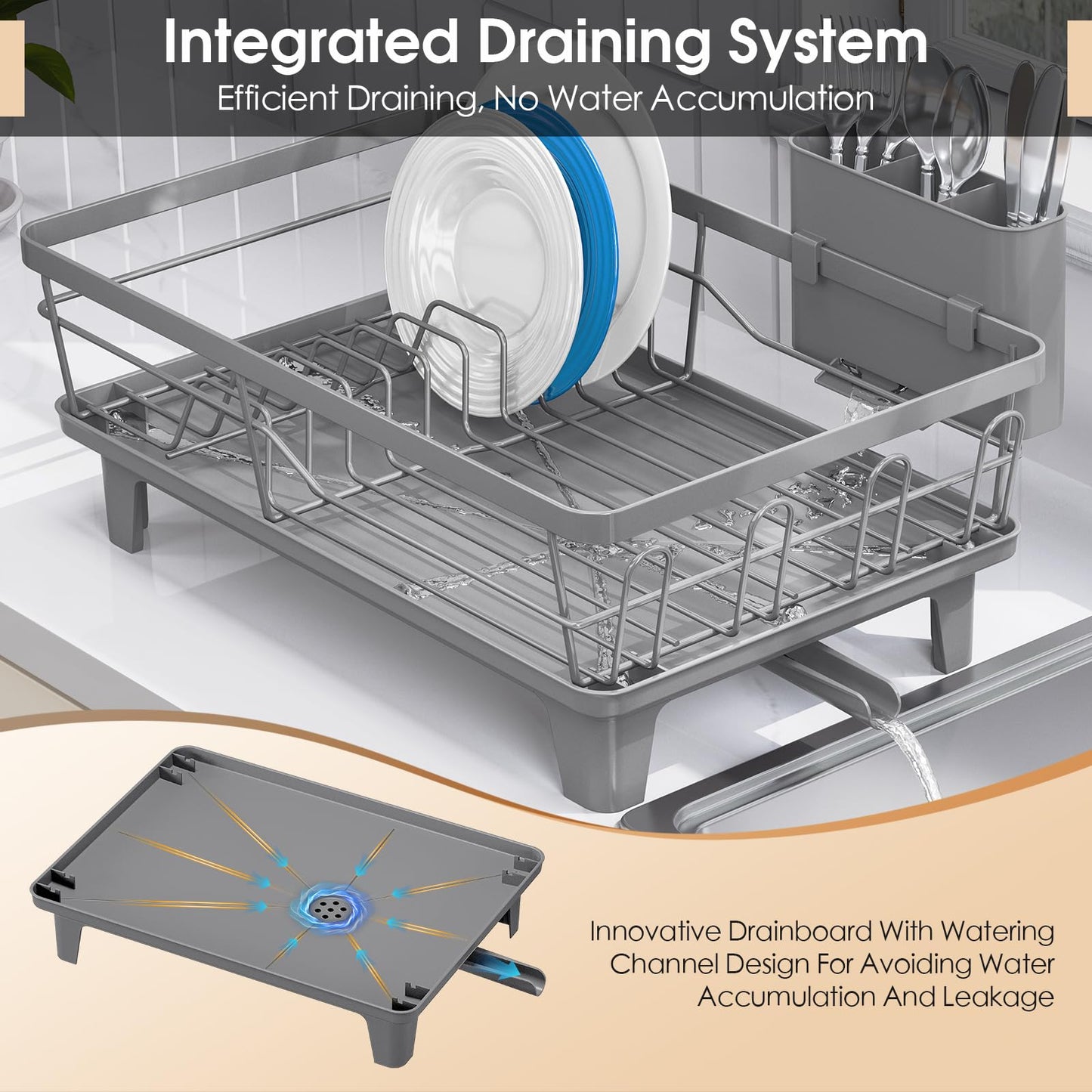 Urackify Dish Drying Rack - Large Dish Rack with Drainboard for Kitchen Counter, Stainless Steel Dish Drainer Fits Most Kitchen Sinks, Gray