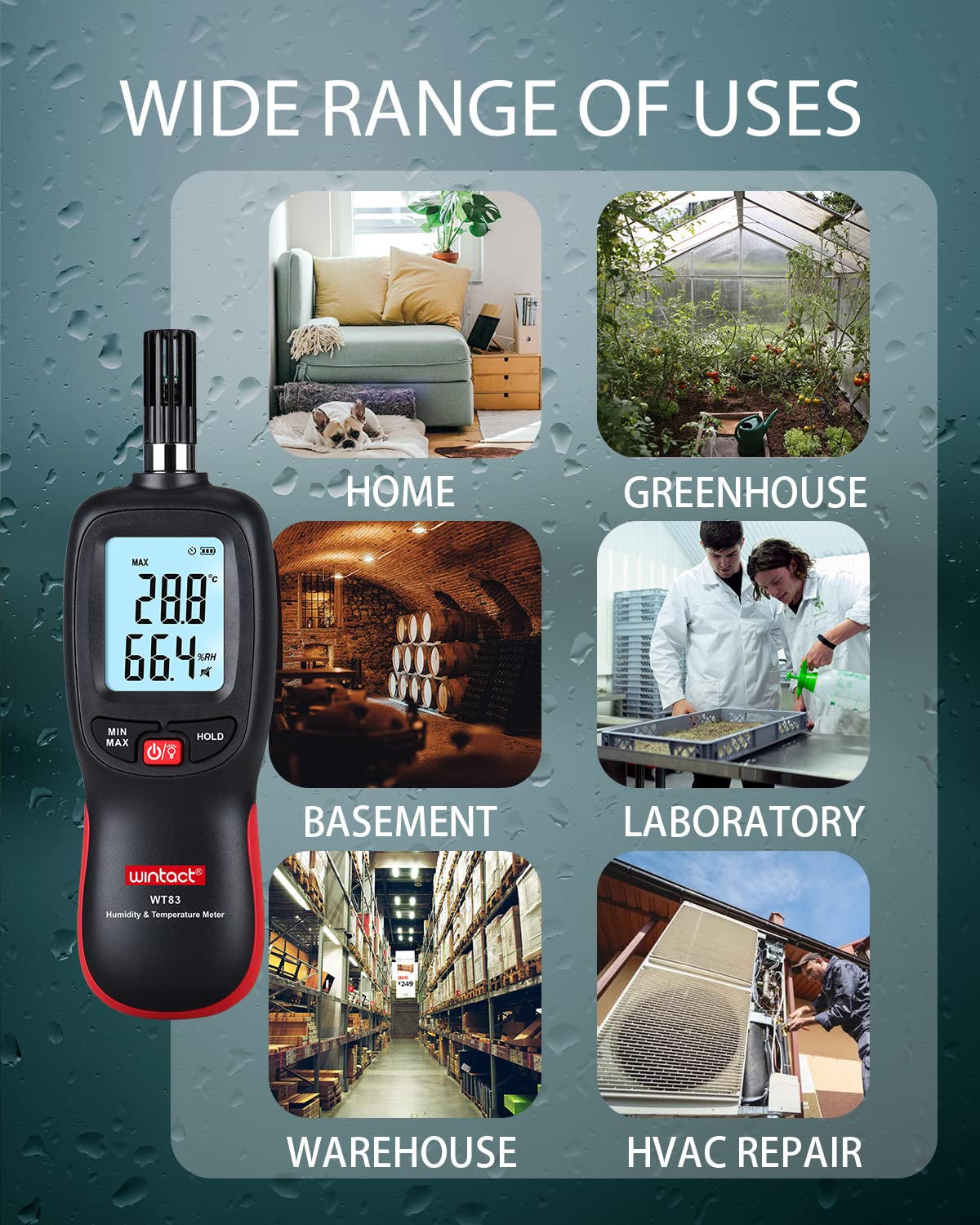 Wintact Digital Psychrometer Thermometer Hygrometer with Backlight Thermo hygro Meter, Dew Point and Wet Bulb Temperature with Max min Value, Data Hold, Battery Included