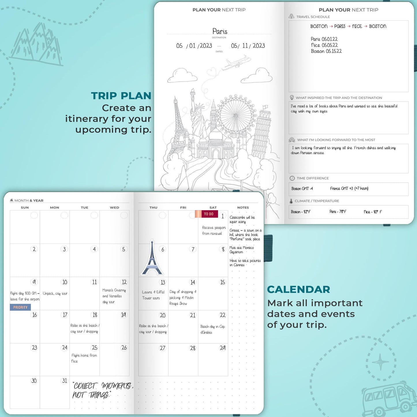 Clever Fox Travel Journal Pocket – Vacation & Road Trip Itinerary Planner Organizer & Traveling Memory Diary – Small Traveler Notebook (Aquamarine)