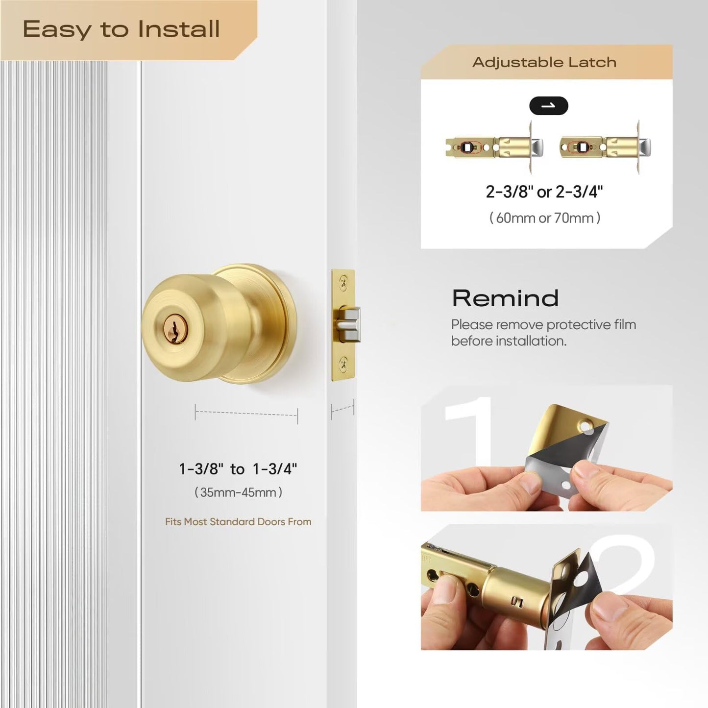 Leydebong 1 Pack Keyed Entry Door Knobs with Lock, Gold Door Locks, Interior and Exterior Door Lock, Reversible for Right/Left Handing