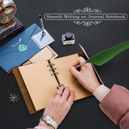 Quill Pen,Natural Handcrafted Calligraphy Pen Set, Antique Dip Luxury Feather Pen and Ink Set with Writing Pen, 5 Replacement Nibs, Pen Nib Base, Notebook, 1 Ink and Gift Box, Green