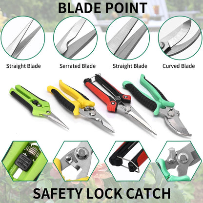 Vkinman 4 Pack Garden Pruning Shears Set, Stainless Steel Sharp Pruner Secateurs, Professional Heavy Duty Hand Garden Bypass Pruning Shears Kit with Storage Bag
