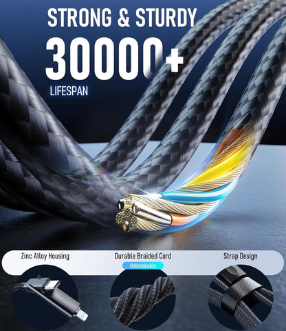 240W 4-in-1 Charging Cable，2Pack 10ft/3M Nylon Braided Multi Charger Cord USB C to C/USB C to L/USB A to C/USB A to L Fast Charge Cable Compatible with iPhone 16/15, Galaxy, MacBook, Tablet (2, 3M)