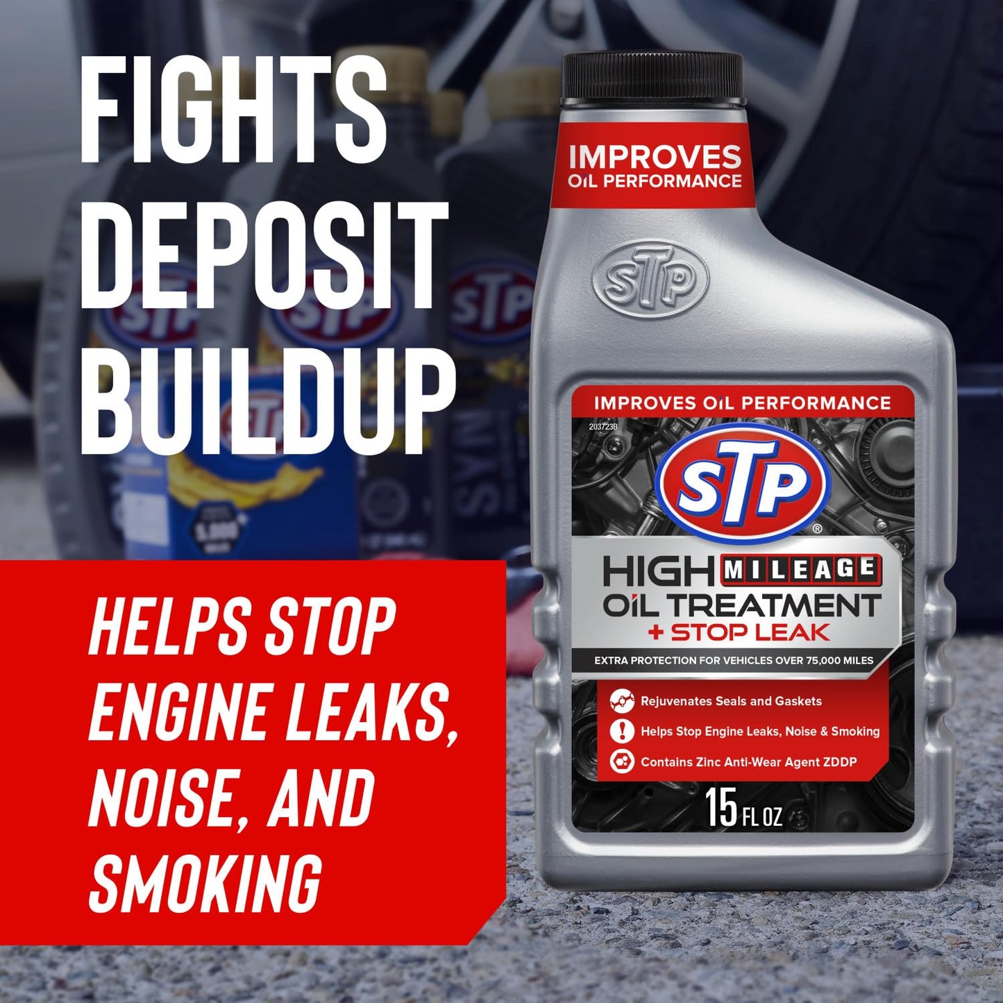 STP High Mileage Oil Treatment + Stop Leak Engine Oil Additive, 15 fl oz, Contains ZDDP Anti-Wear Agent to Fight Friction, Rejuvenates Seals and Gaskets, Stops Leaks