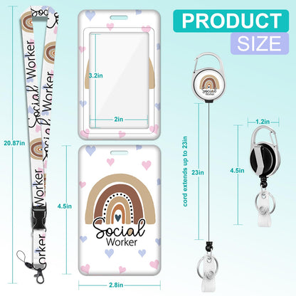 Plifal ID Badge Holder with Lanyard and Retractable Social Worker Badge Reel Belt Clip, Boho Rainbow Leopard Keychain Lanyards Clip On Badge Extender Vertical ID Sleeve for Women Men
