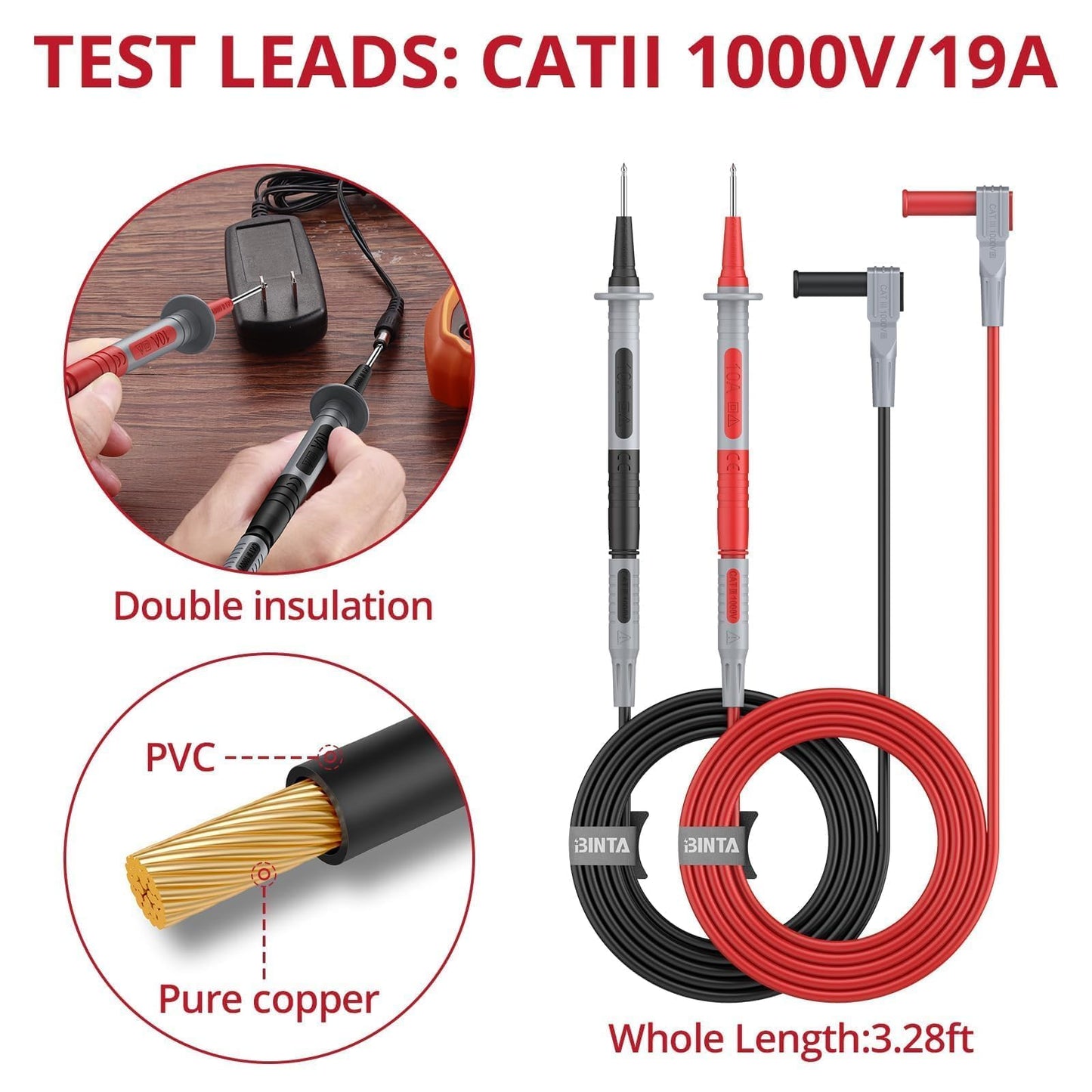 BINTA 11-Piece Multimeter Leads Kit CATII 1000V/ 19A with Alligator Clips Test Hooks Test Probes Tweezers, Professional Multimeter Leads Set for Industrial Car Home Digital Electrical Testing