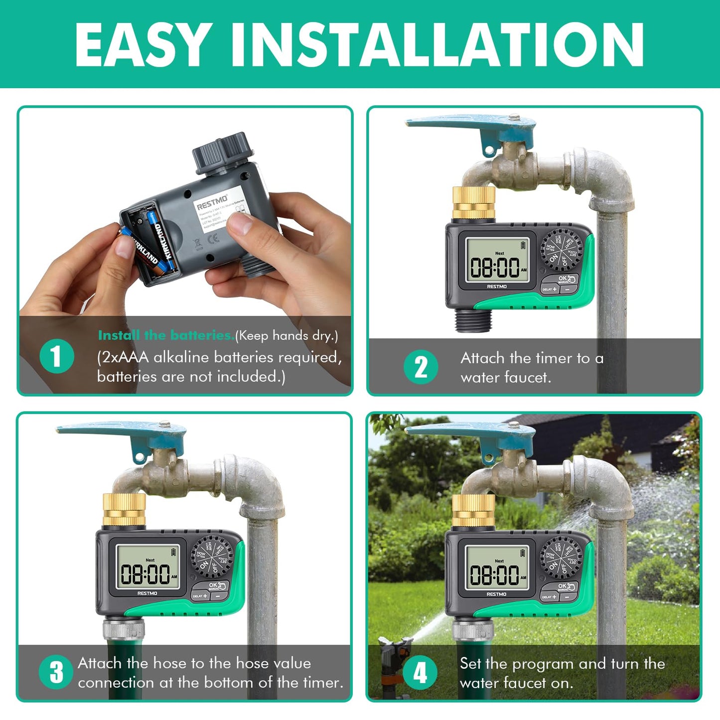 RESTMO Water Timer with Brass Inlet, Programmable Sprinkler Timer for Garden Hose, Automatic Digital Control | Manual ON/Off | Rain Delay, for Outdoor Faucet, Drip Irrigation and Lawn Watering System