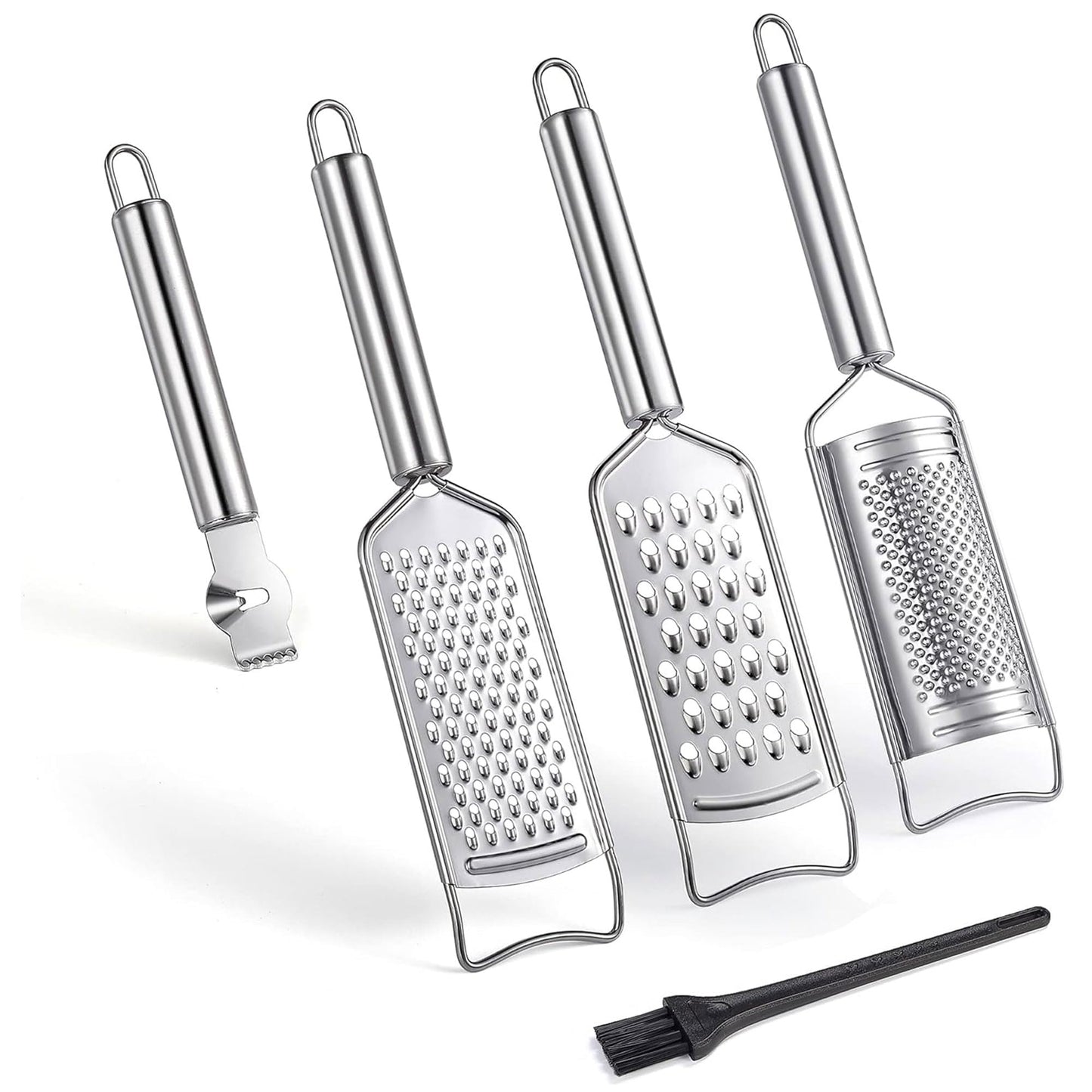Tongjude Stainless Steel Cheese Grater Set, Set of 5 Kitchen Grater & Peeler & Slicer, Lemon Zester with Cleaning Brush for Vegetable, Fruit, Chocolate