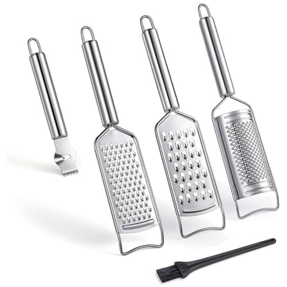 Tongjude Stainless Steel Cheese Grater Set, Set of 5 Kitchen Grater & Peeler & Slicer, Lemon Zester with Cleaning Brush for Vegetable, Fruit, Chocolate