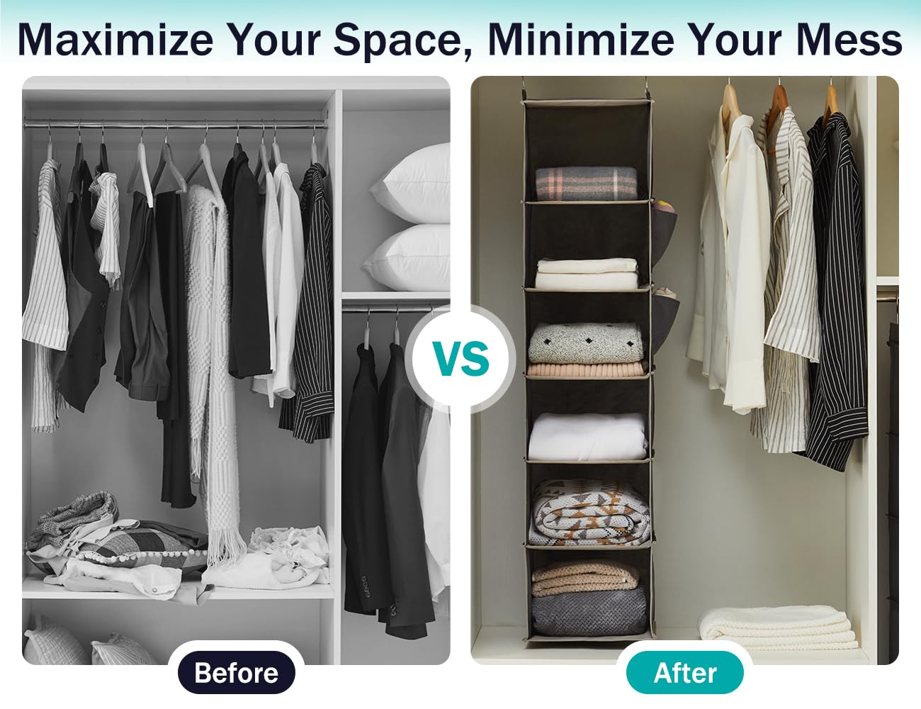 YOUDENOVA Hanging Closet Organizers and Storage, 6-Shelf Closet Hanging Storage Shelves, Grey