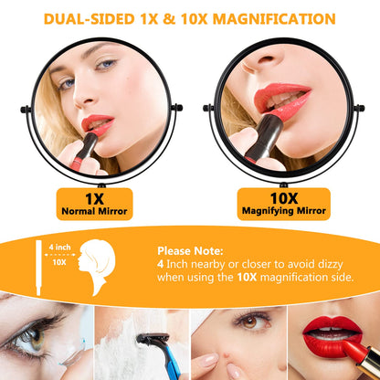 10x Magnifying Makeup Mirror, 8 Inch Tabletop Mirror Double Sided with Magnification, Swivel Make Up Mirror for Bathroom, Black ALHAKIN