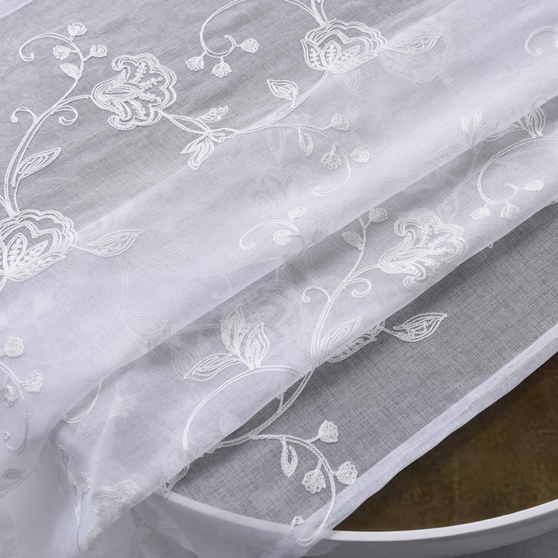 Sheer Curtains Floral Embroidery White 84 Inch Long Rod Pocket Lace Drapes for Living room, Bedroom, 2 Panels, 52"x84", Semi Voile Pattern Outdoor Window Treatment Sets for Yard, Patio, Villa, Parlor.