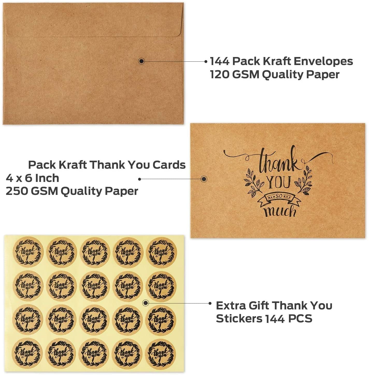 144 Thank You Cards Bulk, Brown Kraft 4x6 Inch Thank You Notes with Envelopes and Stickers, 6 Elegant Designs Greeting Cards for Business, Wedding, Baby Shower, Blank Inside