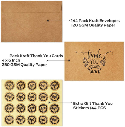 144 Thank You Cards Bulk, Brown Kraft 4x6 Inch Thank You Notes with Envelopes and Stickers, 6 Elegant Designs Greeting Cards for Business, Wedding, Baby Shower, Blank Inside