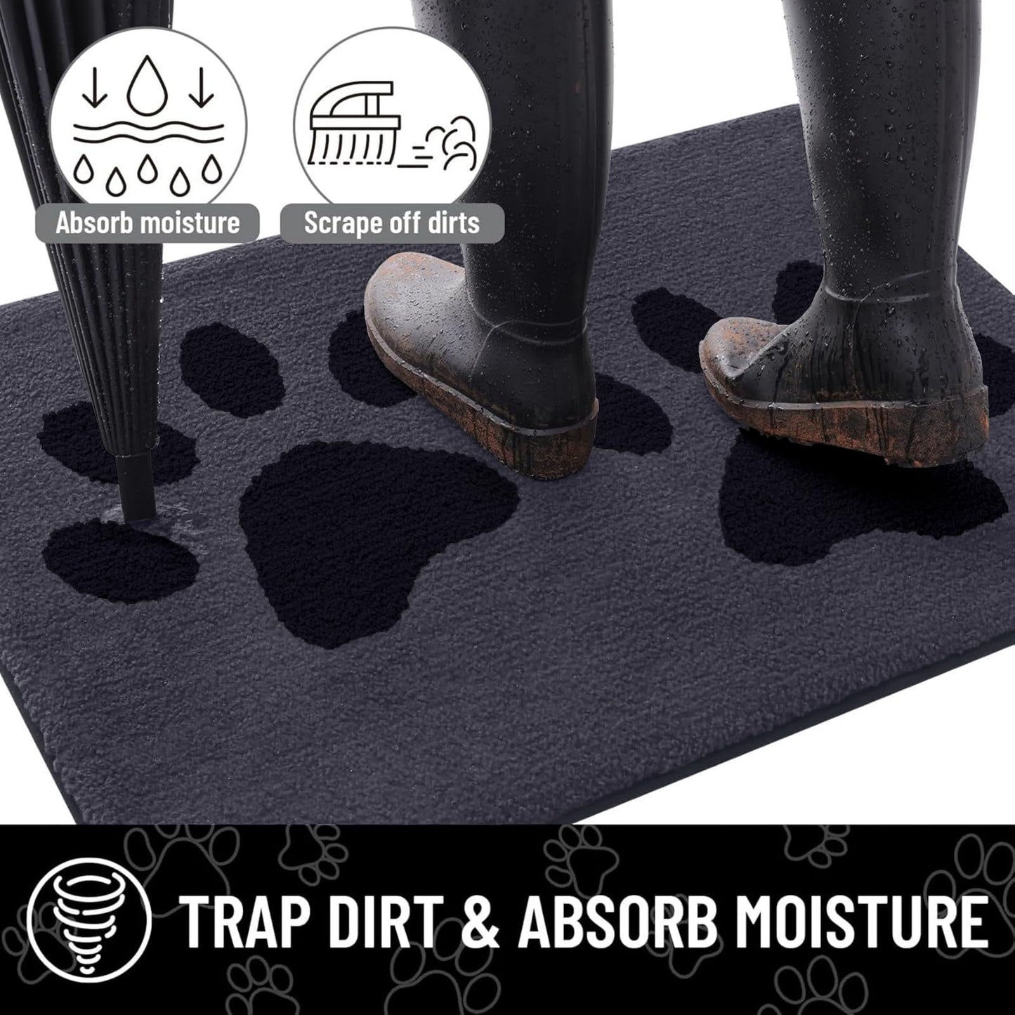 Arotive Indoor Door Mat, 20" x 30" Absorbent Dirt Resist Washable Front Back Door Mat, Non-Slip Low-Profile Dog Paws Entrance Doormat, Durable Inside Floor Mats for Entryway, Dark Grey and Black