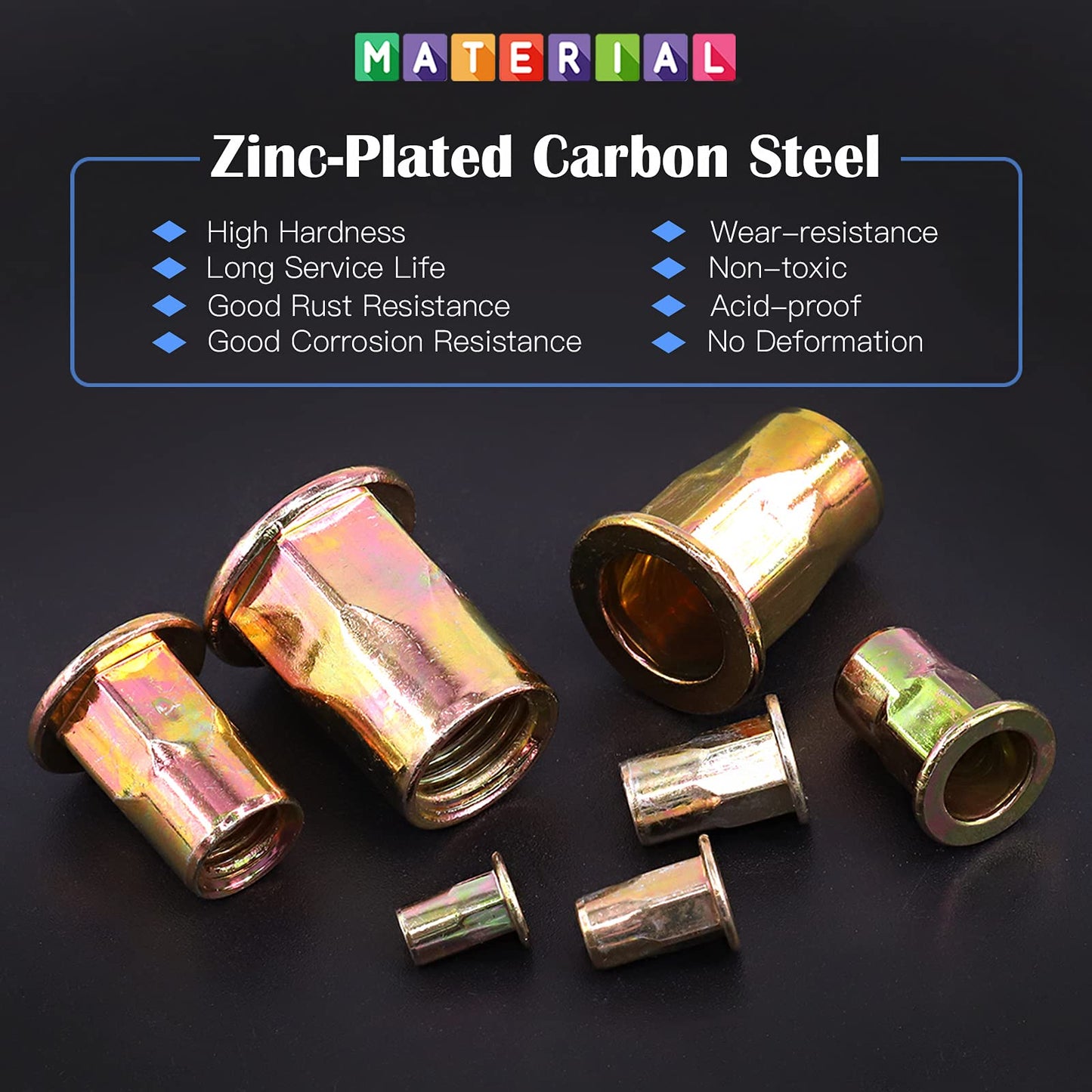 Glarks 320Pcs M3 M4 M5 M6 M8 M10 M12 Half Hex Body Flange Rivet Nuts Assortment Kit, Zinc Plated Carbon Steel Flat Head Threaded Insert Nut Rivnut Set (Rivet Nut Set)