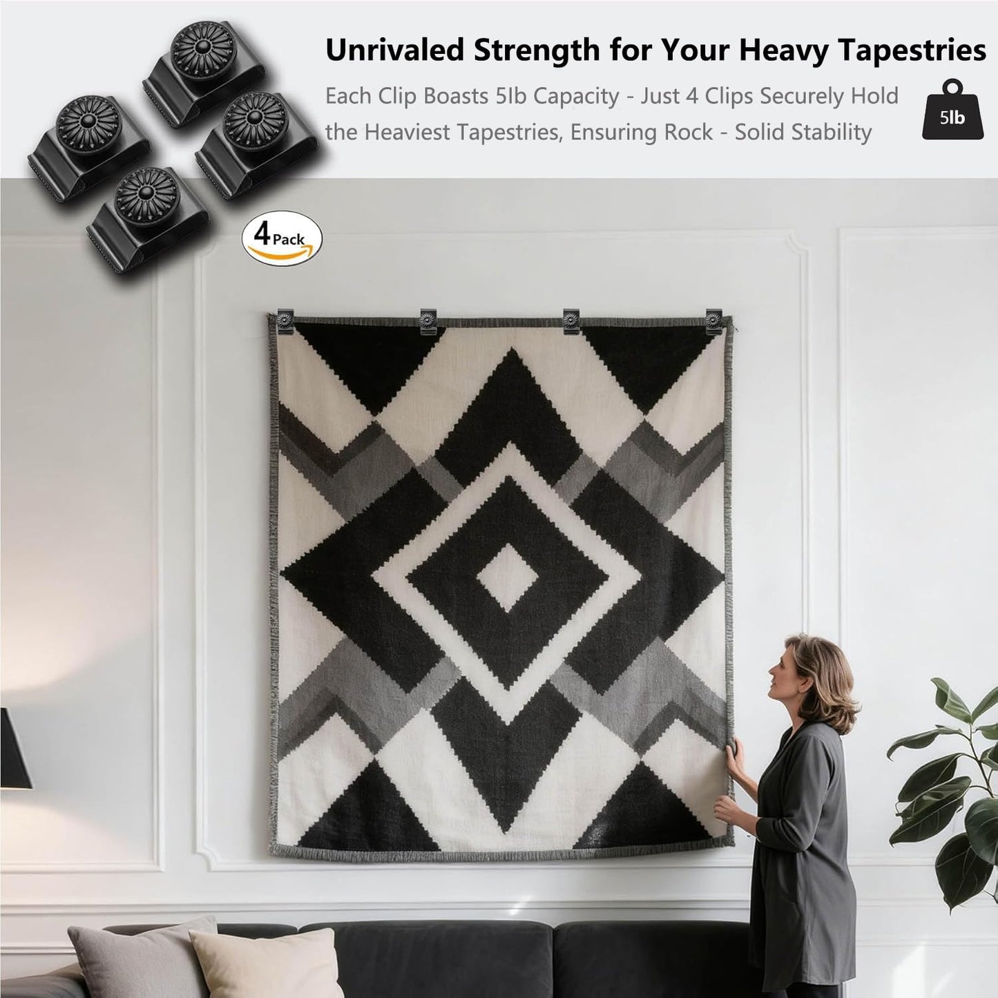 Doselves Tapestry Wall Hanging Clamps 4 Pack Metal Clips for Hanging Textiles, Rugs, Carpet Wall Display (Black)