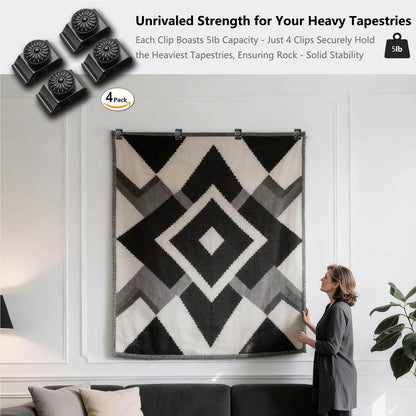 Doselves Tapestry Wall Hanging Clamps 4 Pack Metal Clips for Hanging Textiles, Rugs, Carpet Wall Display (Black)