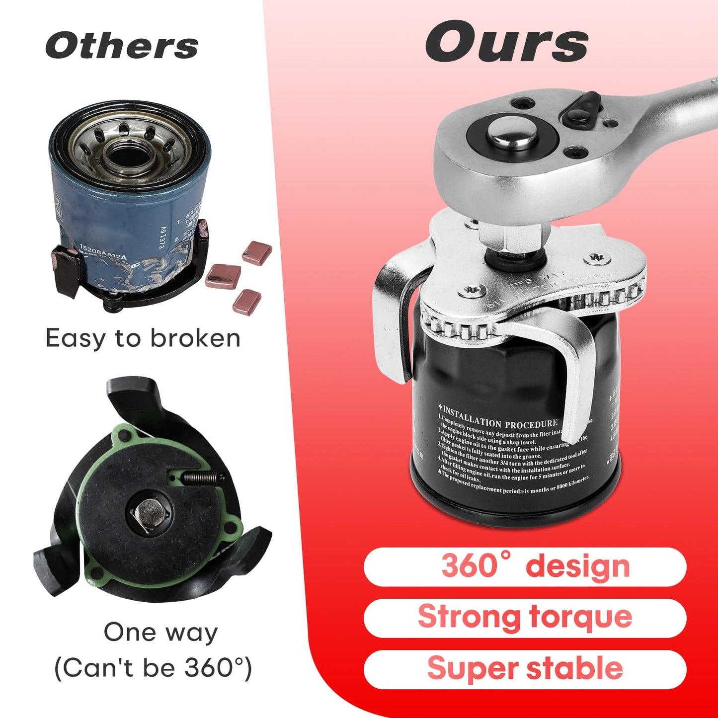 SHALL Oil Filter Removal Set, Universal 3-Jaw Oil Filter Wrench, 12 Inch Adjustable Metal Oil Filter Plier, 1/2"(F)×3/8"(M) Adapter & PVC Gloves Included, for Cars, Motorcycles