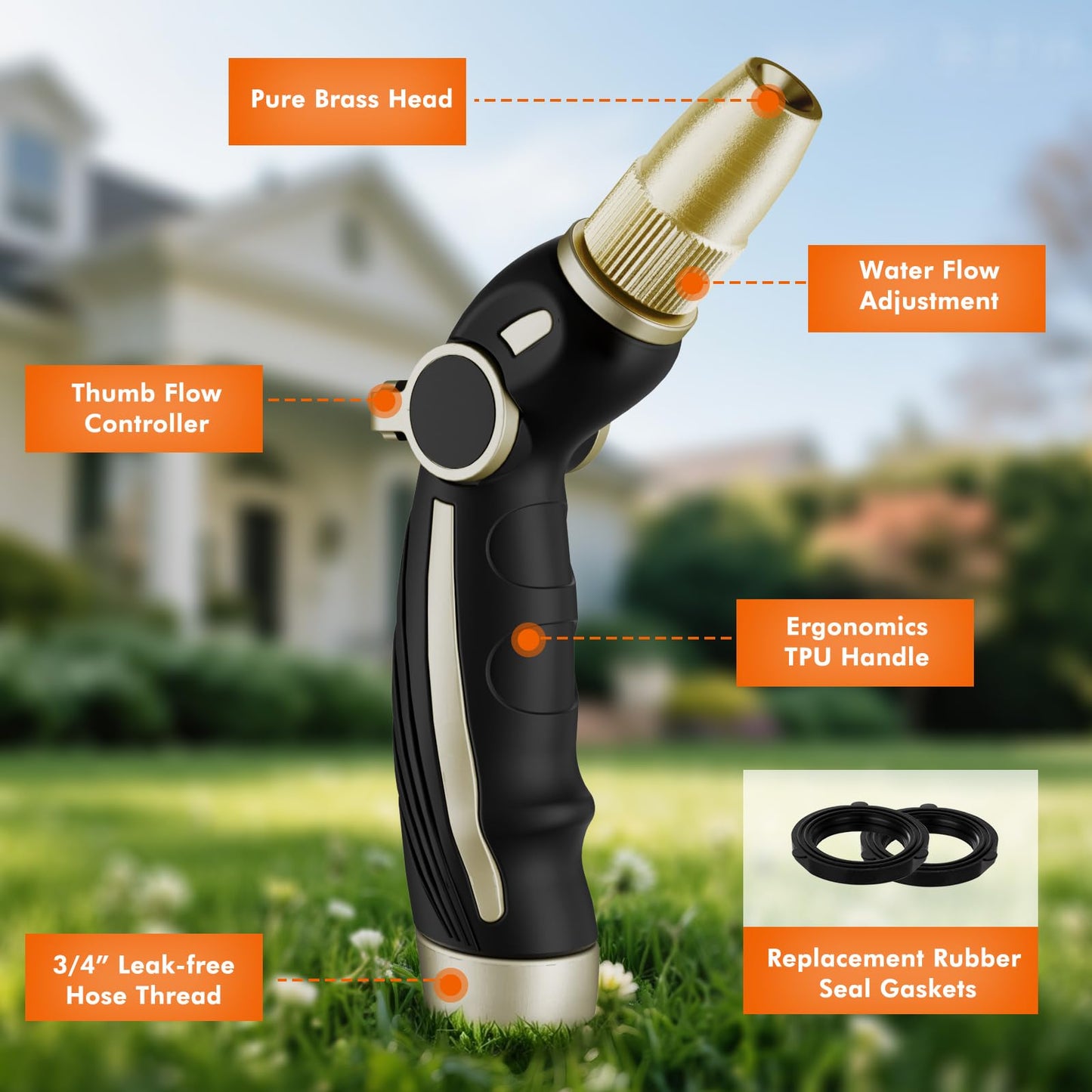 RESTMO Hose Nozzle Sprayer, Heavy Duty Brass Head, High Pressure Metal Water Hose Nozzle for Car Washing, Garden Cleaning, Lawn and Plant Watering, Adjustable Thumb Flow Control, 4 Spray Patterns