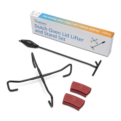 RAAKARRS Dutch Oven Lid Lifter and Stand Set - Black Finish Folding Stand - Perfect for Outdoor Camping and Picnics