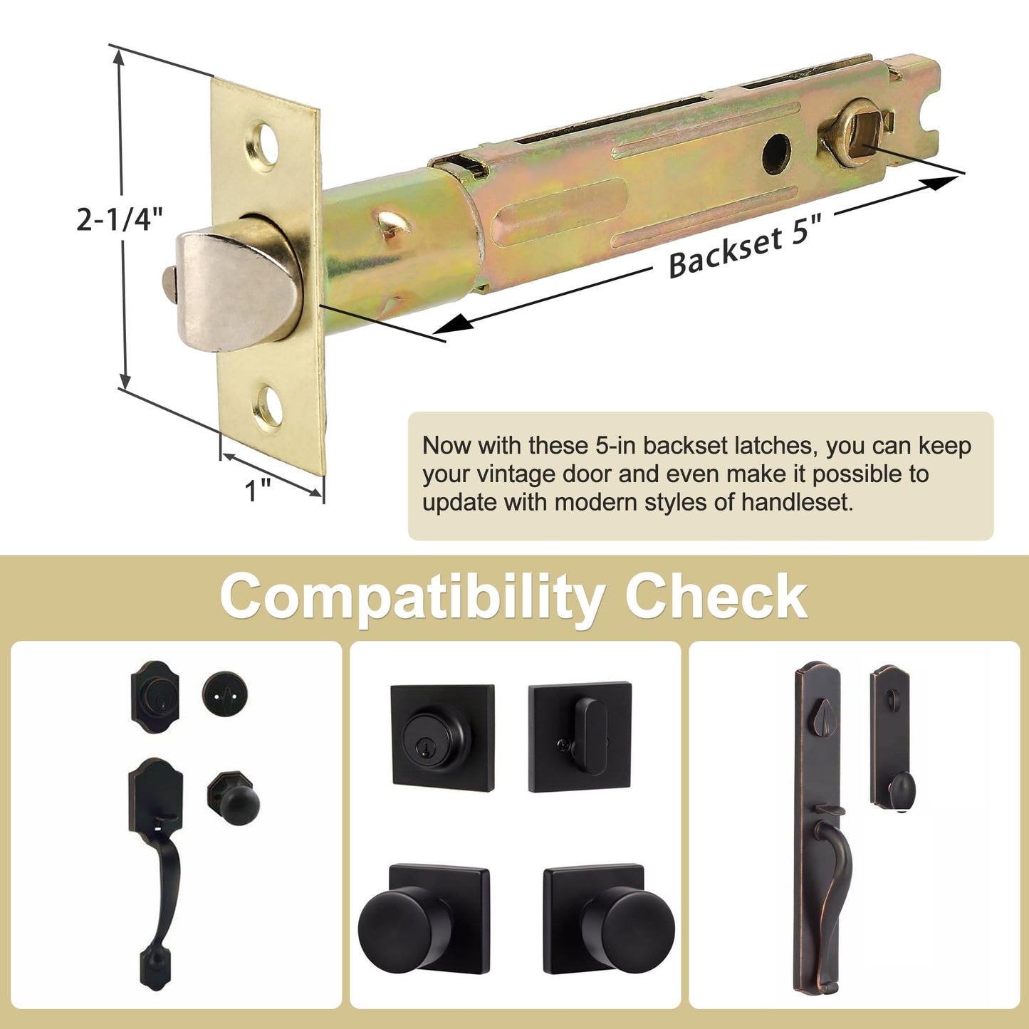 MaxxGeek 5-Inch Backset Entry Door Latch Fit Standard Knobset, 90° Square Interface with Square Corner Faceplate, Requires a 2-1/8" Cross Bore & 1" Edge Bore, Non-Handed, Polished Brass