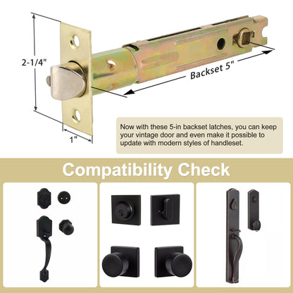 MaxxGeek 5-Inch Backset Entry Door Latch Fit Standard Knobset, 90° Square Interface with Square Corner Faceplate, Requires a 2-1/8" Cross Bore & 1" Edge Bore, Non-Handed, Polished Brass