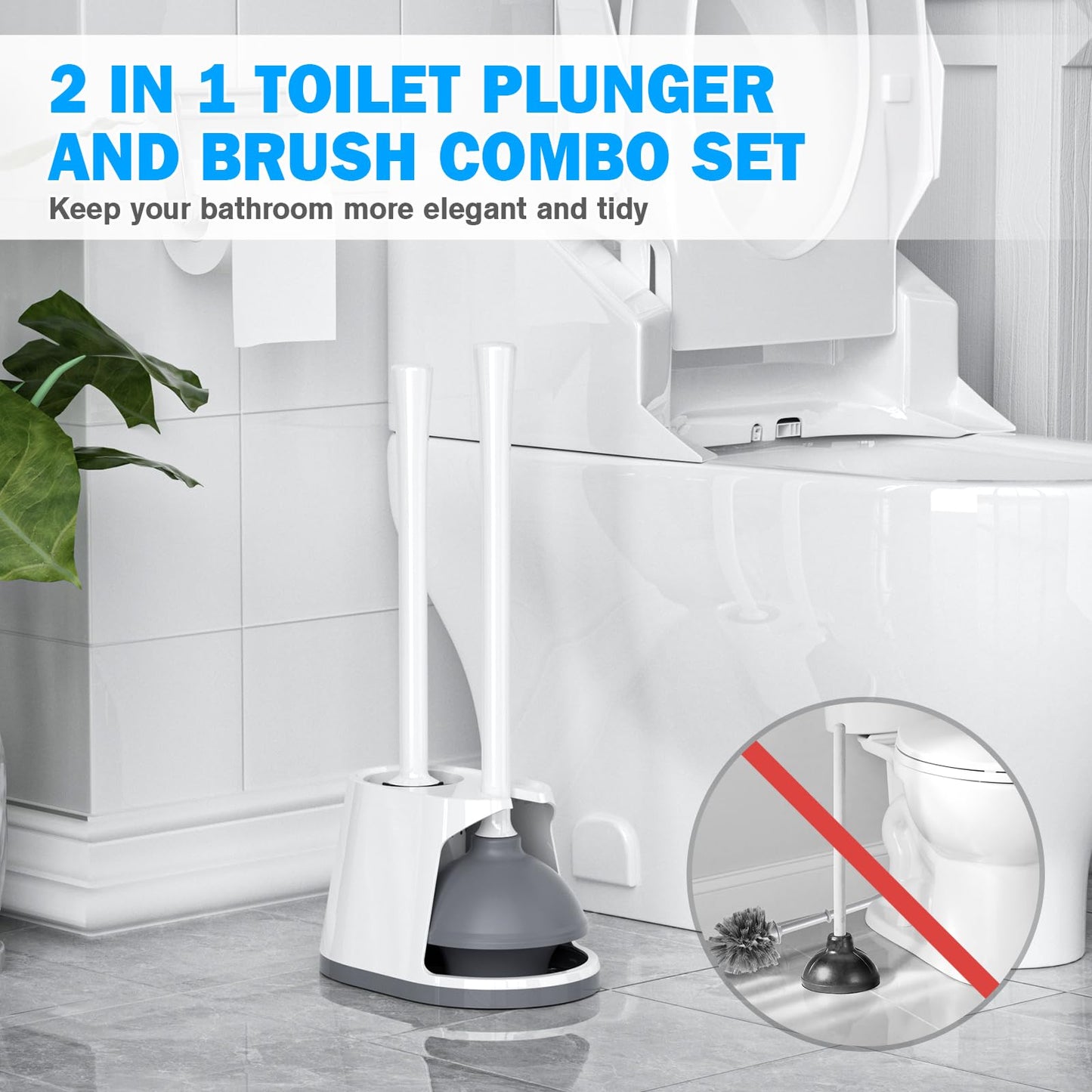 Toilet Plunger and Brush Set, Bowl Brush and Heavy Duty Toilet Brush with Ventilated Holder, 2-in-1 Toilet Brush and Plunger Combo for Bathroom Deeply Cleaning(White & Grey)