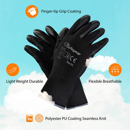 SAFEYEAR 12 Pairs PU Coated Work Gloves for Cleaning, Automobile Assembly, Precision Operation and More (Black L)