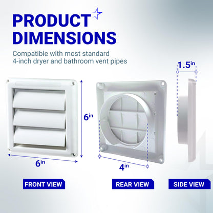 [UPGRADED] 2 PACKS Ultra Durable Louvered Outdoor Dryer Vent Cover for 4" Opening Hood Duct by BlueStars - Outdoor White Exhaust Cap Prevents Birds, Rain And Snow For Long-lasting Use