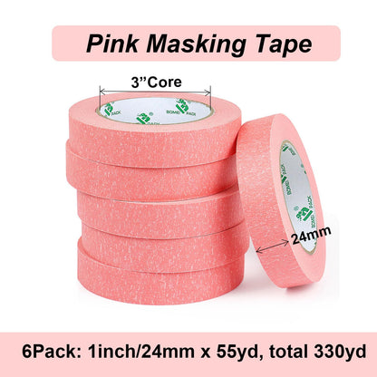 BOMEI PACK Pink Painters Tape 24mm x 55yds, 6Rolls Masking Tape for General Painting